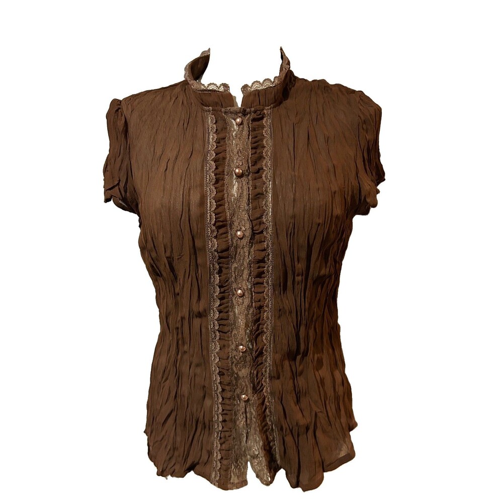 Faded Glory Women’s Vintage Crinkled Lace Trim Button Up Top size M Chocolate